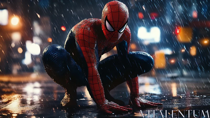 Masked urban hero crouches low on wet street in heavy rain