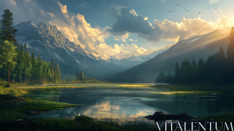 Mountain valley lake at sunrise with dramatic clouds.