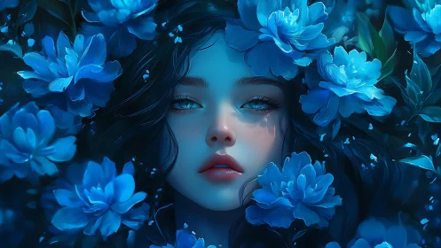Dreamy blue blossoms cradle a quiet, moonlit gaze.