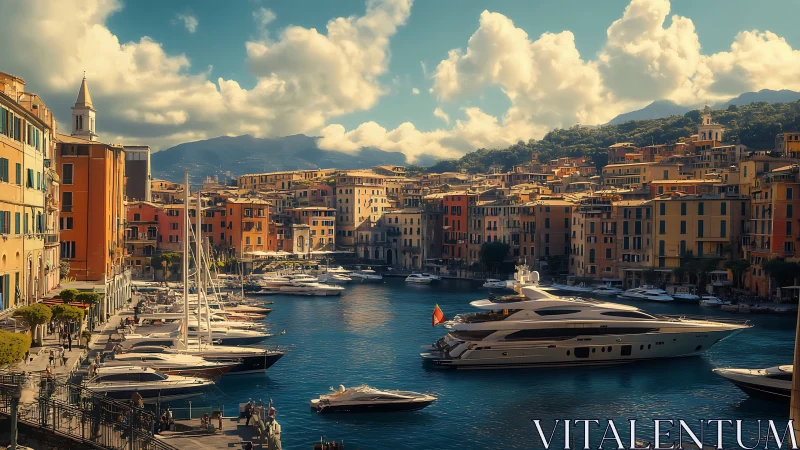 Sunlit harbor of gilded yachts and honeyed hillside homes.