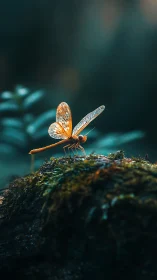 Macro study of orange damselfly on mossy substrate at dusk.