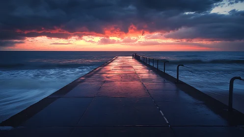Sunset path over restless waves under glowing storm clouds.