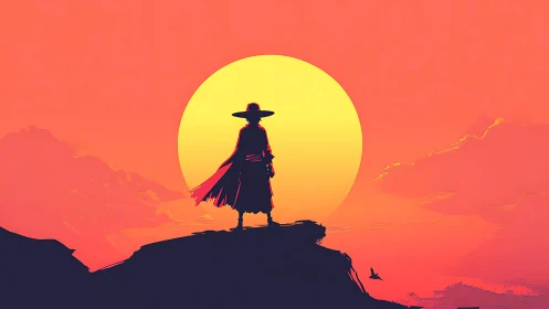 Silhouetted lone figure on cliff against large setting sun.