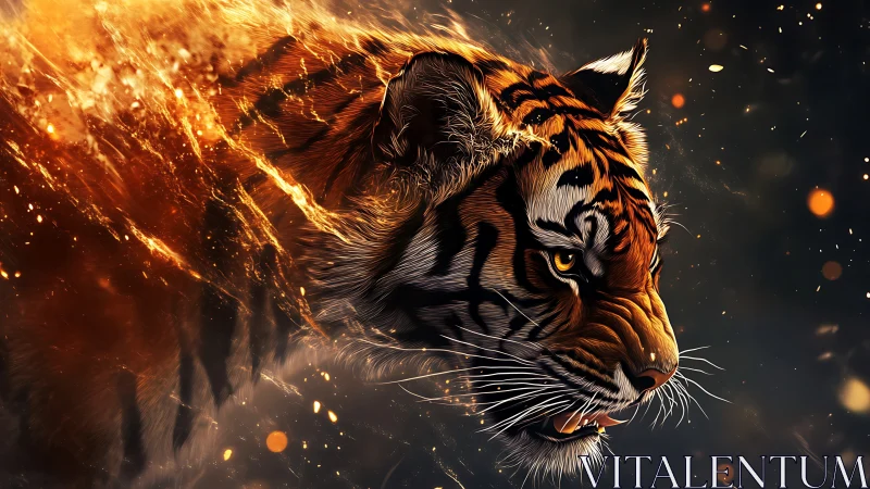 Tiger head disintegrates into incandescent particles in motion