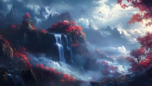 Crimson forests sip waterfall mist beneath dreaming peaks