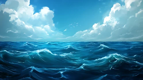 Sunlit ocean waves roll beneath towering summer clouds.