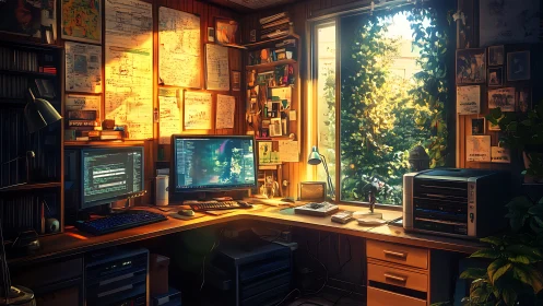 Sunlit programmer workspace with dual monitors and notes.