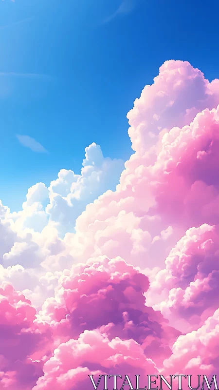 Softly illuminated pink cumulus clouds rise into clear sky