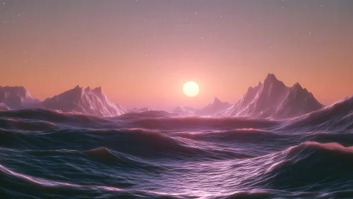 Digital seascape with stylized mountains under setting sun.