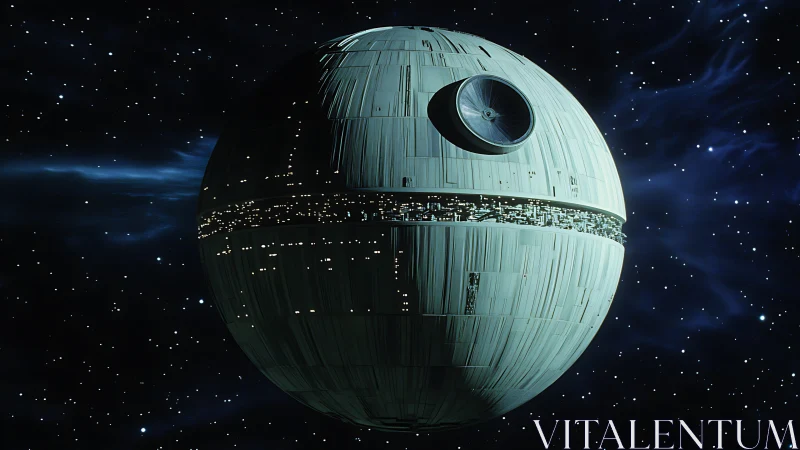 Starlit battle station drifts like a cold mechanical moon.