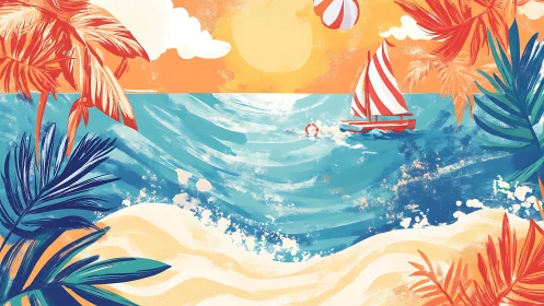 Vibrant tropical seascape with striped sailboat at sunset.