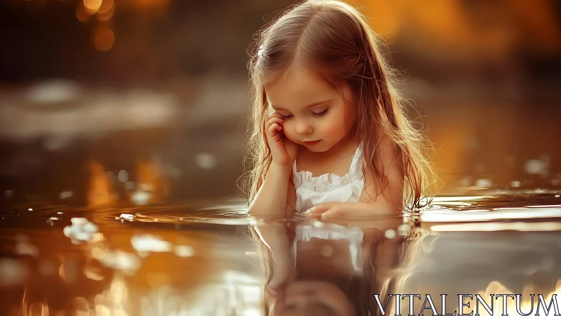 Young child positioned at water surface with golden ambient lighting