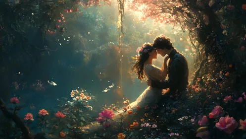 Two figures in garden setting with golden light filtering through foliage.