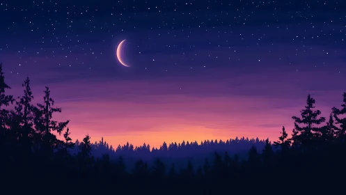 Crescent moon lingers above a lavender pinefire horizon.