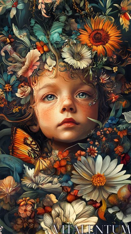 Blossoms and butterflies crown a child in quiet wonder