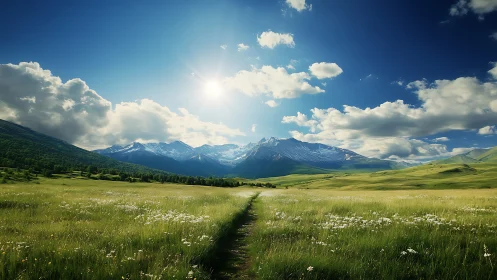 Sunny mountain meadow path inviting quiet, gentle escape.