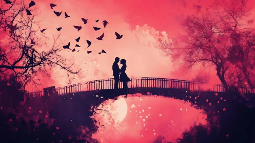 Silhouetted Couple Embracing on Bridge Amid Chromatic Aurora.