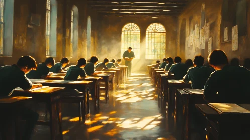 Sunlit examination hall with students under proctor&rsquo;s watch