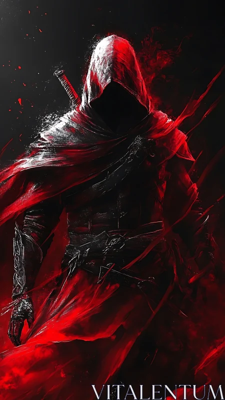 Hooded red assassin emerges from shadow in dynamic digital rendering