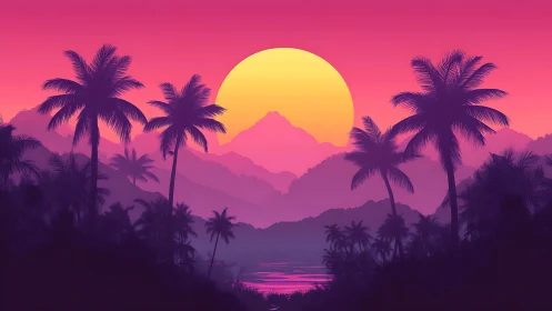 Neon tropical sunset over mountains and palm silhouettes.