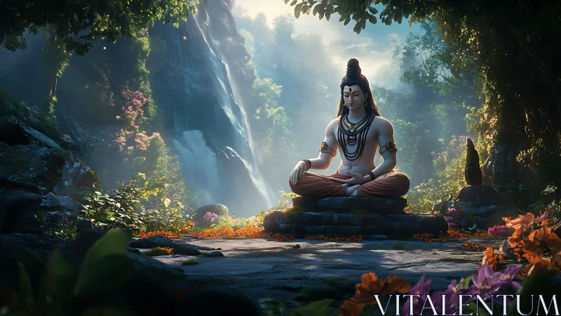 Serene Shiva meditation amid lush jungle waterfall light.