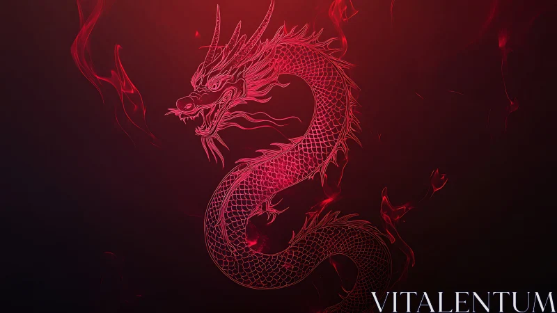 Red line-art dragon illustration on dark gradient background.