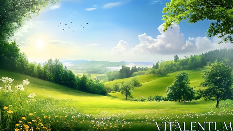 Sunlit valley of emerald hills under drifting summer clouds.