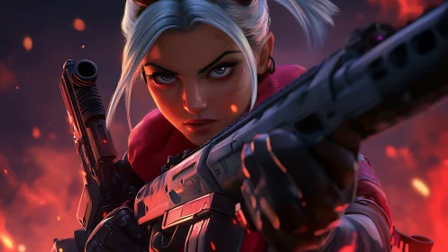 Armed white haired woman aims rifle amid glowing embers.