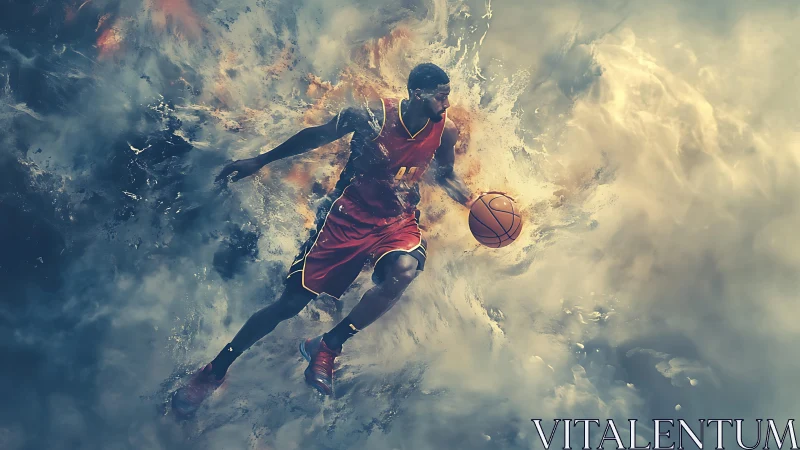 Dynamic basketball player cuts through swirling smoke clouds.