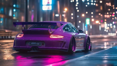 Neon-soaked widebody GT street racer under wet city bokeh.
