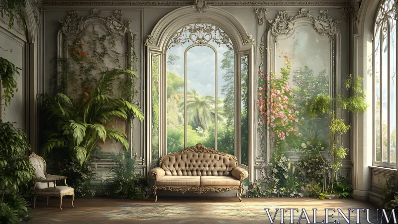 Sunlit rococo garden salon merges luxury with lush greenery