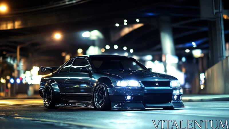 Midnight tuner car glows under neon city overpass lights