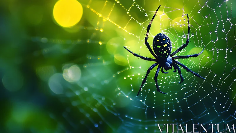 Spider on dew-covered web against green bokeh background.