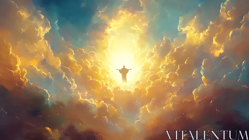 Radiant celestial figure emerging through luminous clouds.