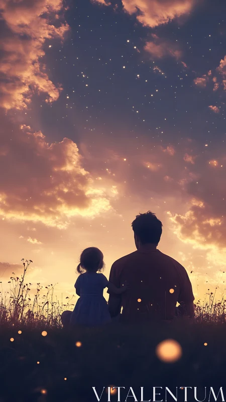 Stargazing whispers between father and child at dusk.