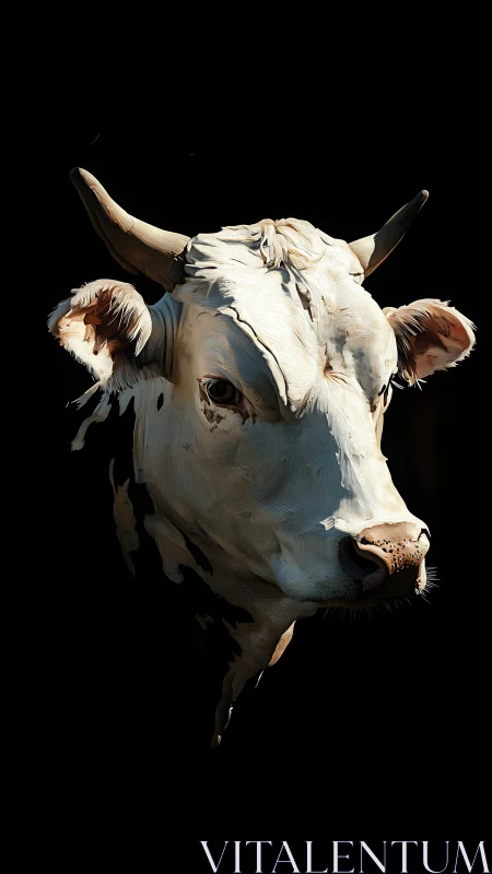 Horned cow portrait on black background, stylized lighting.