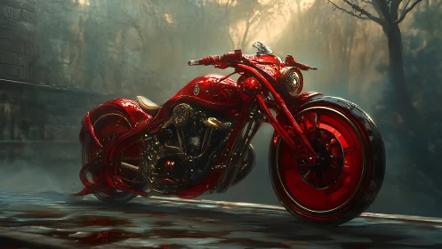 Red translucent custom cruiser motorcycle in misty forest