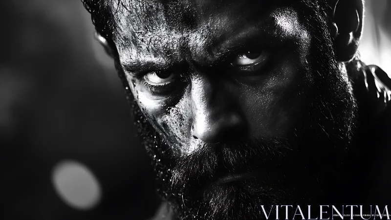 Intense bearded warrior locked in a fierce, focused stare.