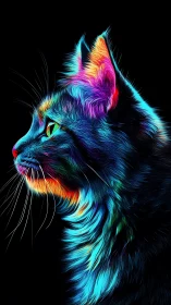 Kaleidoscopic Feline Radiates Neon Dreams Against Midnight Void