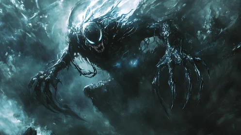 Xenomorphic abyssal predator in turbulent cryogenic storm.