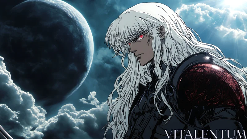Silver-haired warrior under eclipsed cosmic moonlight.