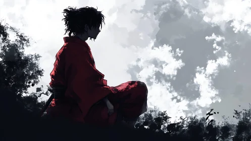 Solitary samurai silhouette in red kimono against turbulent sky