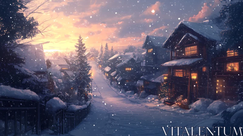 Snowy village street with warm lit houses at sunset.