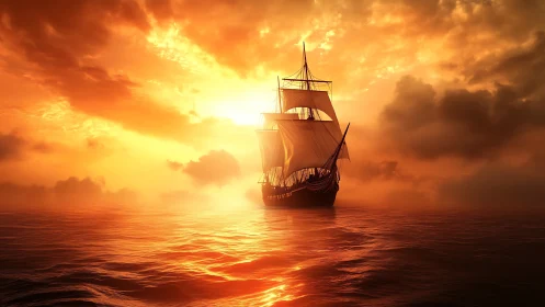 Sailing ship on calm sea under vivid orange sunset.