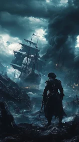 Storm-lit pirate on a wild midnight wreck-strewn shore.