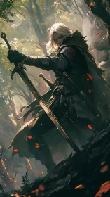 Digital painting of elven swordsman framed by dramatic backlight.
