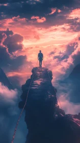 Digital painting of lone climber on cloud-bridged ridge at dawn.