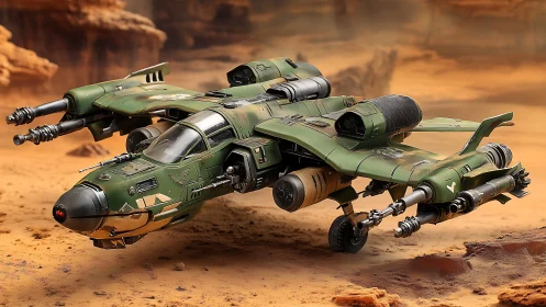 Armored gunship skims over desert battlefield in flight.