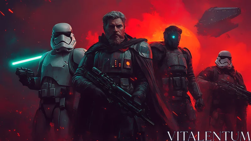 Armored sci fi soldiers before red celestial backdrop.