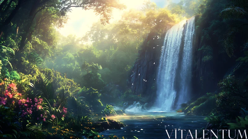 Radiant rainforest cascade under volumetric dawn light.